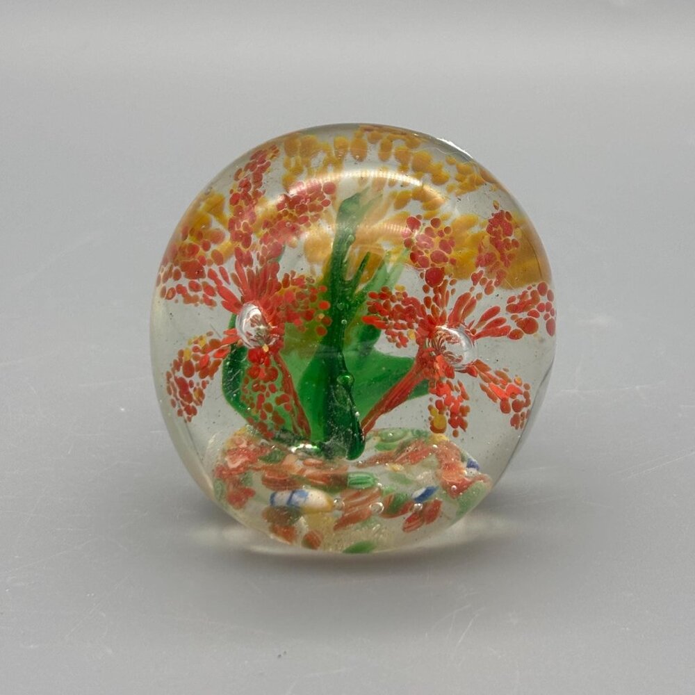 Vintage Art Glass Floral Paperweight Hand Blown Clear Glass Red Orange Flowers